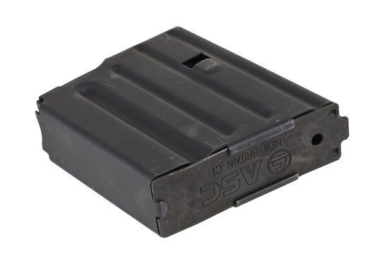 The ASC AR10 magazine holds 10 rounds of 7.62x51 NATO ammunition and has a removable base plate